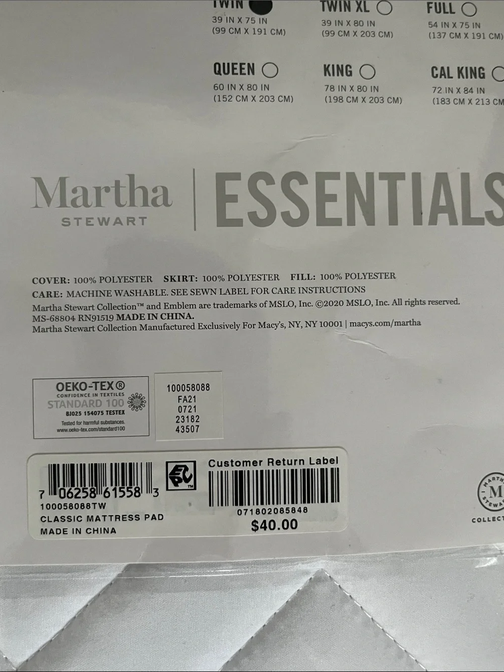 Martha Stewart White Quilted Classic Mattress Pad
